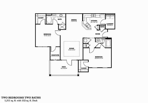 Floor plan for 2 beds, 2 baths, 1311 sqft
