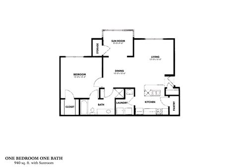 Floor plan for 1 bed, 1 bath, 940 sqft