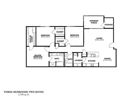 Floor plan for 3 beds, 2 baths, 1718 sqft