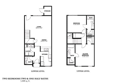 Floor plan for 2 beds, 2.5 baths, 1368 sqft