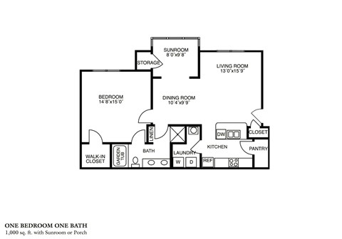 Floor plan for 1 bed, 1 bath, 1000 sqft