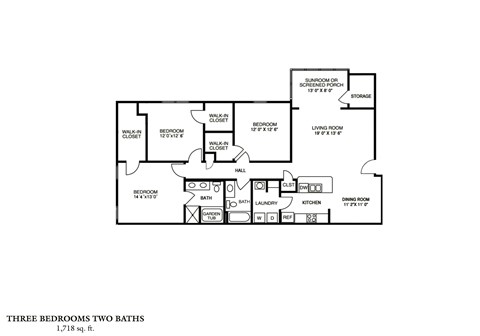 Floor plan for 3 beds, 2 baths, 1718 sqft