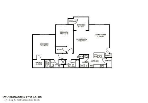 Floor plan for 2 beds, 2 baths, 1410 sqft