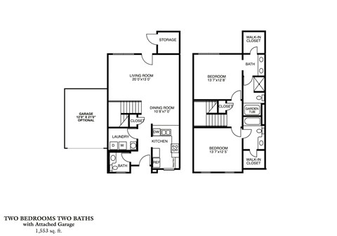 Floor plan for 2 beds, 2.5 baths, 1553 sqft