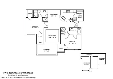 Floor plan for 2 beds, 2 baths, 1463 sqft