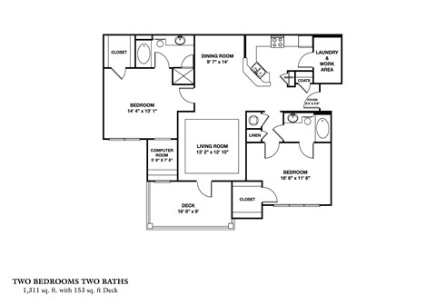 Floor plan for 2 beds, 2 baths, 1311 sqft