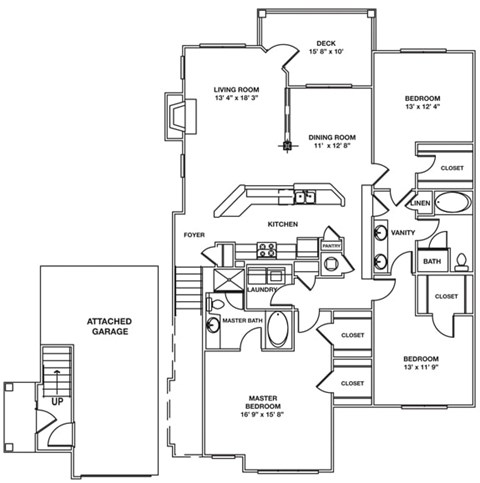 Floor plan for 3 beds, 2 baths, 2055 sqft