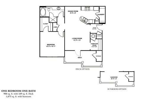Floor plan for 1 bed, 1 bath, 1075 sqft