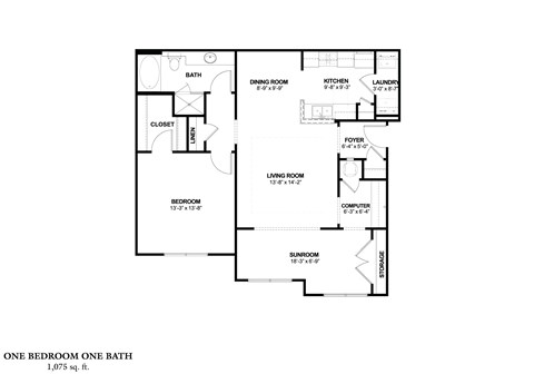 Floor plan for 1 bed, 1 bath, 1075 sqft