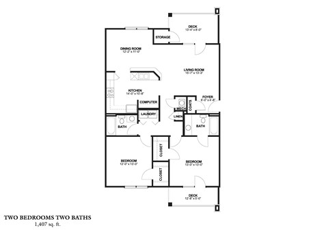 Floor plan for 2 beds, 2 baths, 1407 sqft