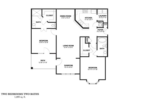 Floor plan for 2 beds, 2 baths, 1405 sqft