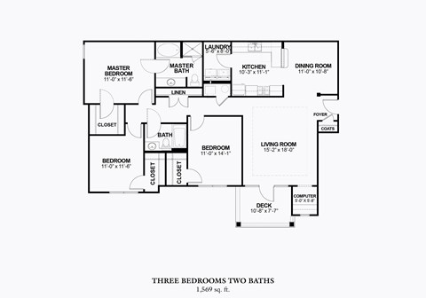 Floor plan for 3 beds, 2 baths, 1569 sqft