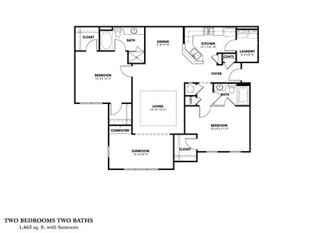 Floor plan for 2 beds, 2 baths, 1463 sqft