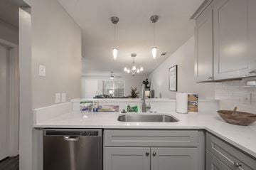 Columbus apartment for rent - A modern kitchen with a stainless steel dishwasher and white countertops.