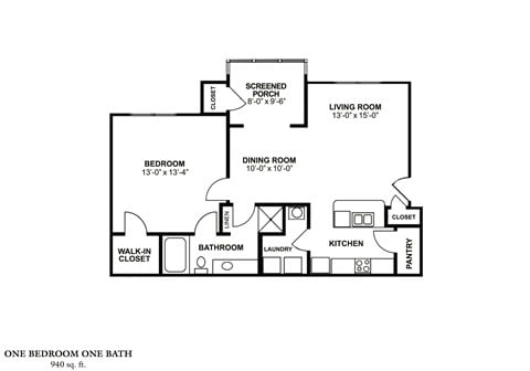 Floor plan for 1 bed, 1 bath, 940 sqft