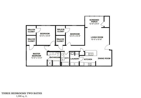 Floor plan for 3 beds, 2 baths, 1588 sqft