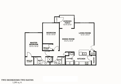 Floor plan for 2 beds, 2.5 baths, 1368 sqft
