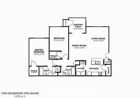 Floor plan for 2 beds, 2 baths, 1285 sqft