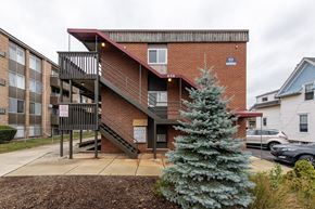 Ann Arbor apartment for rent - A small tree is in front of a red brick building.