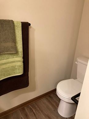 Lincoln house for rent - a bathroom with a toilet and a towel rack on the wall