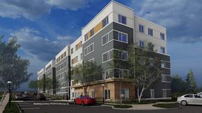 Boston apartment for rent - a rendering of an apartment building with cars parked in front of it