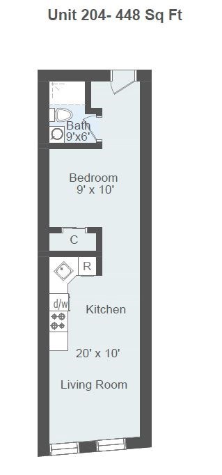 Floor plan for studio, 1 bath, 617 sqft