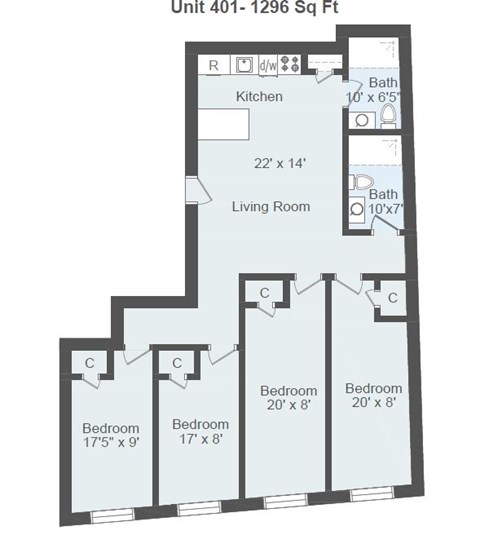 Floor plan for 4 beds, 2 baths, 1447 sqft