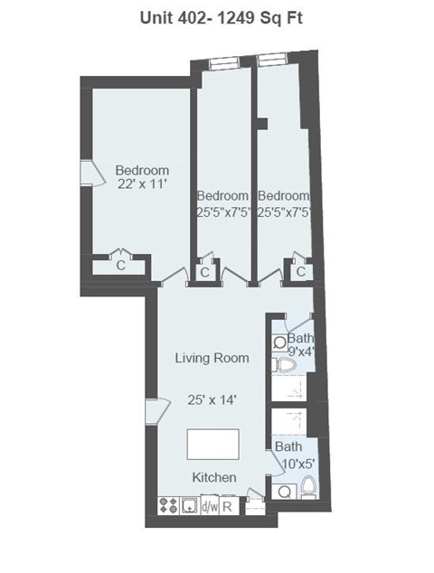 Floor plan for 3 beds, 2 baths, 1136 sqft