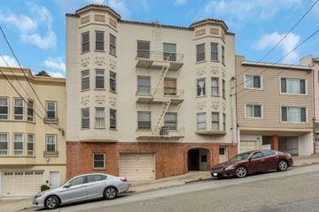 San Francisco apartment for rent - A row of apartment buildings with cars parked in front.