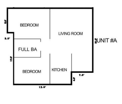 Floor plan for 2 beds, 1 bath, 640 sqft