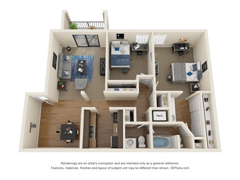 Floor plan for 2 beds, 1.5 baths, 946 sqft