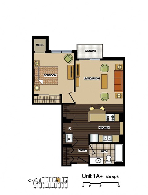 Floor plan for 1 bed, 1 bath, 690 sqft