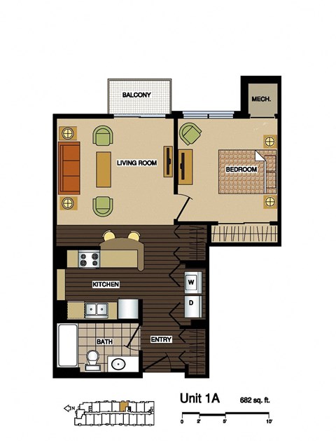 Floor plan for 1 bed, 1 bath, 682 sqft