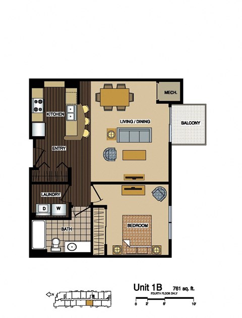 Floor plan for 1 bed, 1 bath, 761 sqft