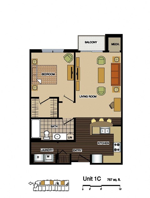 Floor plan for 1 bed, 1 bath, 767 sqft
