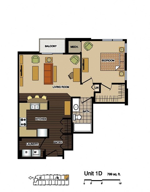 Floor plan for 1 bed, 1 bath, 799 sqft