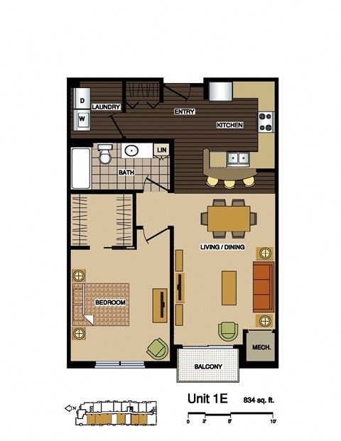Floor plan for 1 bed, 1 bath, 834 sqft
