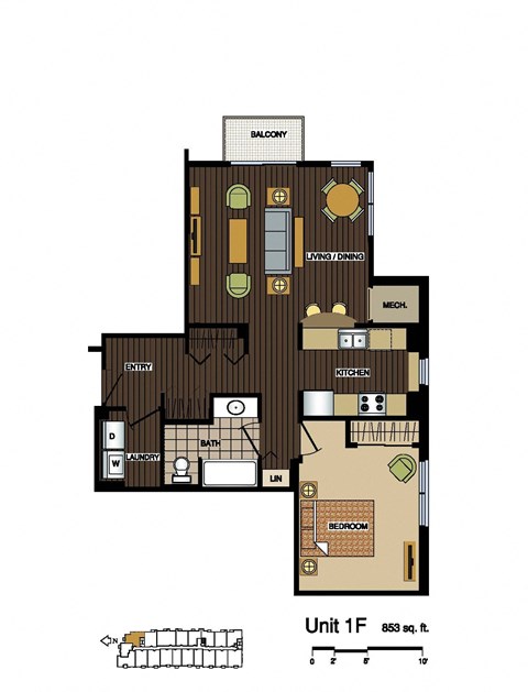 Floor plan for 1 bed, 1 bath, 853 sqft