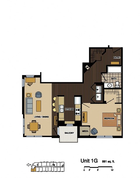 Floor plan for 1 bed, 1 bath, 881 sqft
