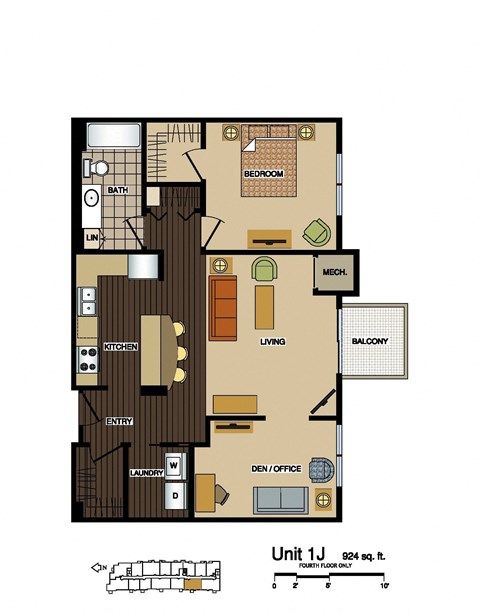 Floor plan for 1 bed, 1 bath, 924 sqft
