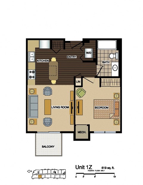 Floor plan for 1 bed, 1 bath, 620 sqft