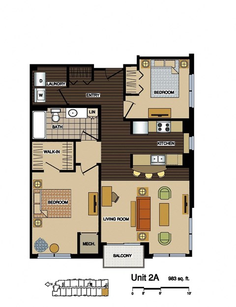 Floor plan for 2 beds, 1 bath, 983 sqft