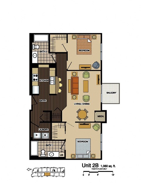 Floor plan for 2 beds, 2 baths, 1060 sqft