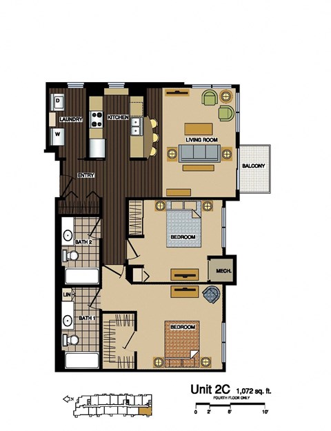 Floor plan for 2 beds, 2 baths, 1072 sqft