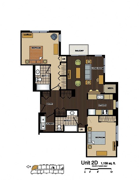 Floor plan for 2 beds, 2 baths, 1159 sqft
