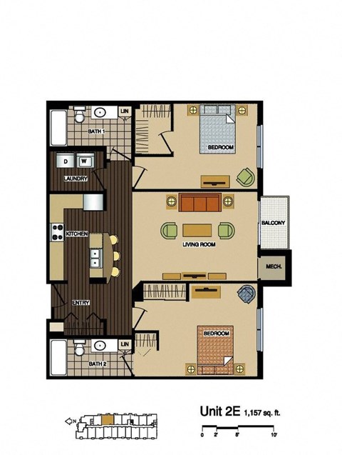 Floor plan for 2 beds, 2 baths, 1157 sqft