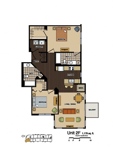 Floor plan for 2 beds, 2 baths, 1178 sqft