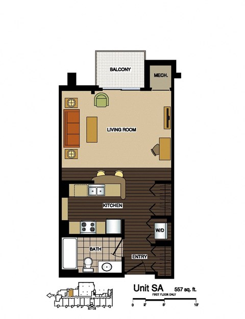 Floor plan for studio, 1 bath, 557 sqft