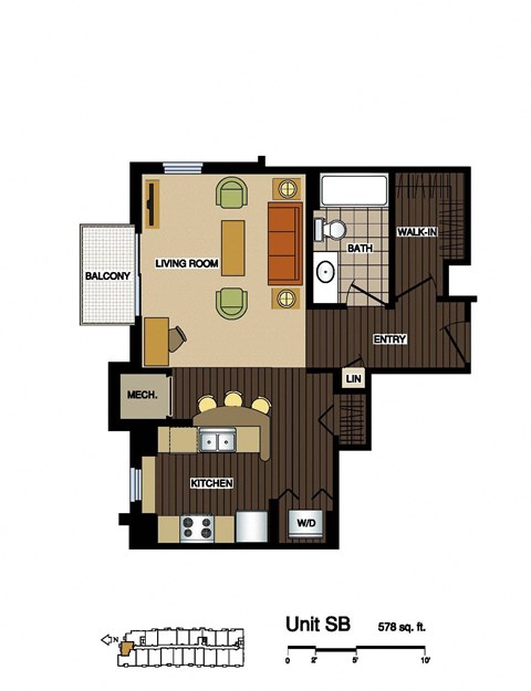 Floor plan for studio, 1 bath, 578 sqft