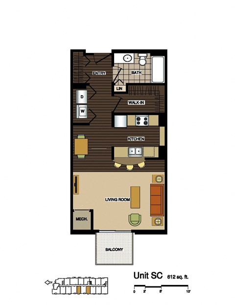 Floor plan for studio, 1 bath, 612 sqft